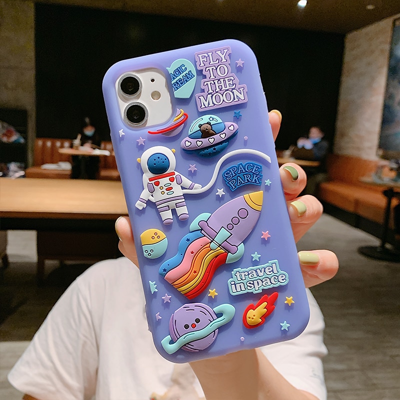 Cute Cartoon 3D Space Astronaut Case For iPhone 11 12 Pro Max Mini XS X XR 7 8 Plus SE 2020 Soft Silicone Dream Moon Phone Cases